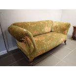 Newly upholstered Victorian double drop arm settee with one spring needing attention