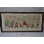 A pair of amusing French dog/cat prints, 'A la Queue' and one other, 17 x 43cm.