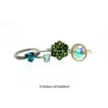 Four gem set rings, including a Paraiba tourmaline single stone ring, ring size M, a blue apatite