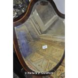 Inlaid mahogany toilet mirror, shield shape frame over serpentine base, with three drawers