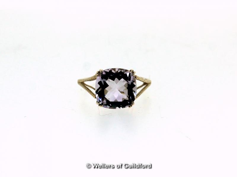 Amethyst single stone ring, cushion cut amethyst, weighing an estimated 6.30cts, mounted in 9ct