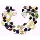 Long multi gem set necklace, oval and pear shaped cabochon cut gem stones, including rose quartz,