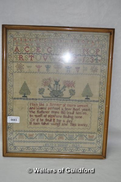 A sampler worked by Eliza Bonar, 1824, 38.5 x 31cm; a smaller example by Isabella Burn, 1773, 22.5 x