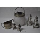 A silver twin handle sugar bowl with sugar nips, 128g; two pairs of silver plated pepperettes; a cut