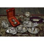 A quantity of silver plated items including an oval tray, Turkish coffee pot, challenge cup, toast