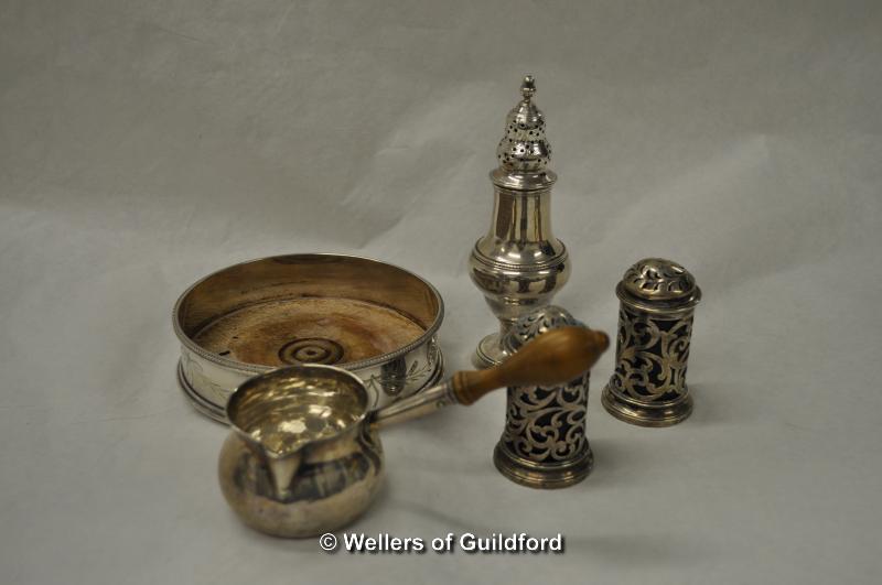 Silver: sugar caster, coaster, pair of pepperettes, chocolate pourer with wooden handle, various