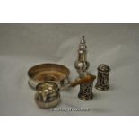 Silver: sugar caster, coaster, pair of pepperettes, chocolate pourer with wooden handle, various
