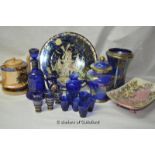 Assorted lustre china and blue glass, includes Maling