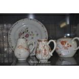 A Chinese famille rose plate, two Chinese sparrow beak jugs and a water dropper.