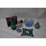 Small quantity of coloured glass including handbags and perfume bottles