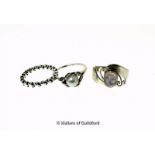 *Two Pandora rings, and a moonstone ring in white metal stamped 925 (Lot subject to VAT)