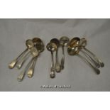 Ten silver sauce ladles, various makers and dates, 382g.