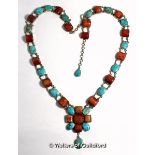 *Large turquoise and coral necklace, mounted in white metal stamped 925, gross weight 229 grams (Lot