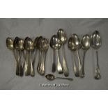 A quantity of silver spoons in various sizes, makers and dates, 900g.