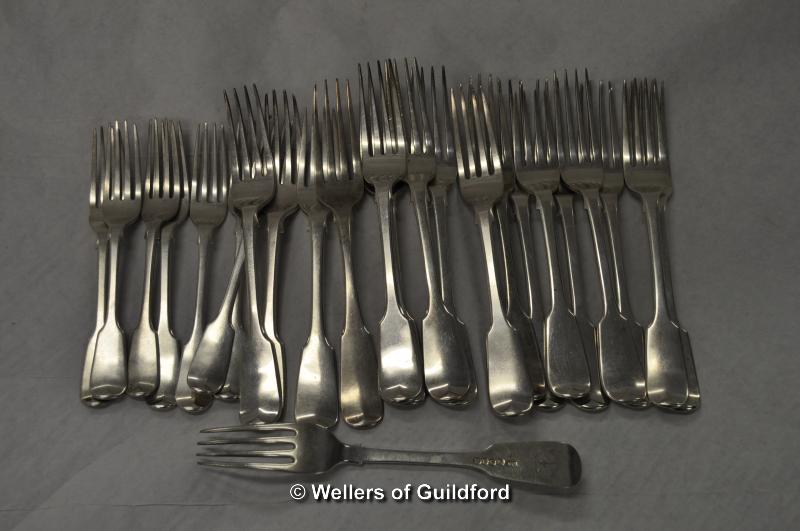 Eighteen fiddle pattern table forks and seven similar dessert forks, various dates and makers,