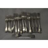 Eighteen fiddle pattern table forks and seven similar dessert forks, various dates and makers,