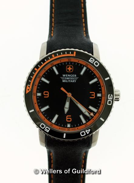 *Gentlemen's Wenger Roadster wristwatch, circular black dial with orange and white detail, Arabic