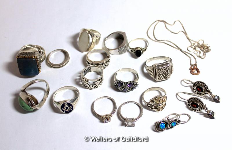 *Selection of mostly silver rings, with a necklace and two pairs of earrings, gross weight 84.0