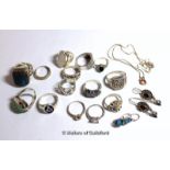 *Selection of mostly silver rings, with a necklace and two pairs of earrings, gross weight 84.0