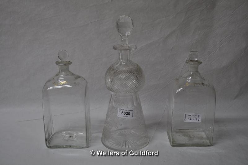 A Scottish thistle shaped cut and etched glass decanter; a near pair of 18th Century square