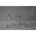 A Scottish thistle shaped cut and etched glass decanter; a near pair of 18th Century square