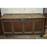 A late 17th Century coffer with quadruple panelled front and lid, 144cm wide.