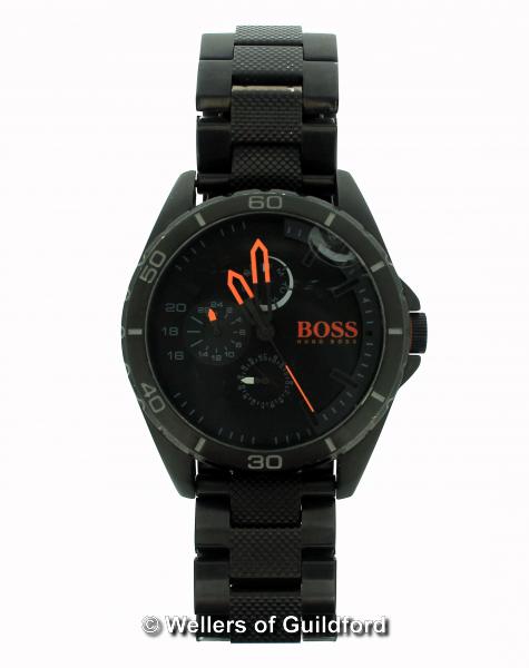 *Gentlemen's Hugo Boss wristwatch, in black stainless steel with circular dial, baton hour markers