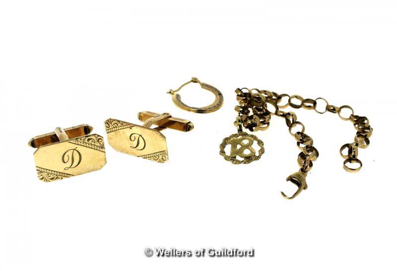 *Pair of 9ct gold cufflinks, together with a broken bracelet stamped 9ct and a single earring, a/