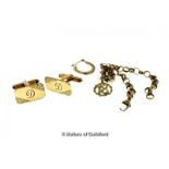 *Pair of 9ct gold cufflinks, together with a broken bracelet stamped 9ct and a single earring, a/