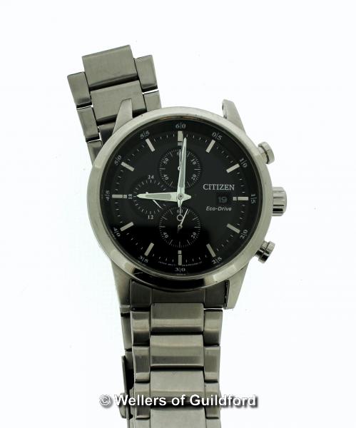 *Gentlemen's Citizen Eco-Drive wristwatch, circular black dial with baton hour markers, date