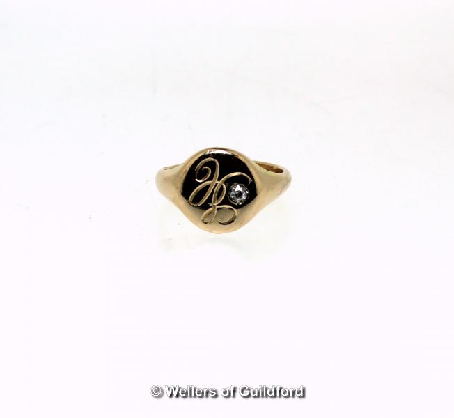 *Gentlemen's signet ring set with an old cut diamond, in yellow metal stamped 18ct, gross weight 7.0