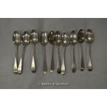 Scottish silver: a matched set of ten dessert spoons, Edinburgh 1789 (5), 1807 (1), 1817 (4), 297g.