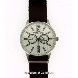 *Gentlemen's Police wristwatch, circular cream dial with two subsidiary dials, on brown leather
