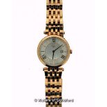 *Ladies' Gc wristwatch, circular dial with Roman numerals and baton hour markers, date aperture,