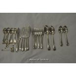 A pair of silver serving spoons, London 1905; a set of six fiddle and shell pattern teaspoons,