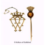 9ct yellow gold crown and heart design openwork brooch, and an orange stone set bar brooch stamped