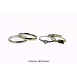 *Selection of five rings, three in 9ct gold, two in white metal tested as 9ct, gross weight 8.1