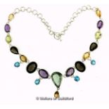 Multi gem set necklace, pear shaped and oval cut gem stones, including amethyst, smoky quartz,