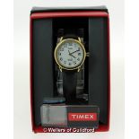 *Ladies' Timex wristwatch, circular white dial with Arabic numerals and date aperture, on a black