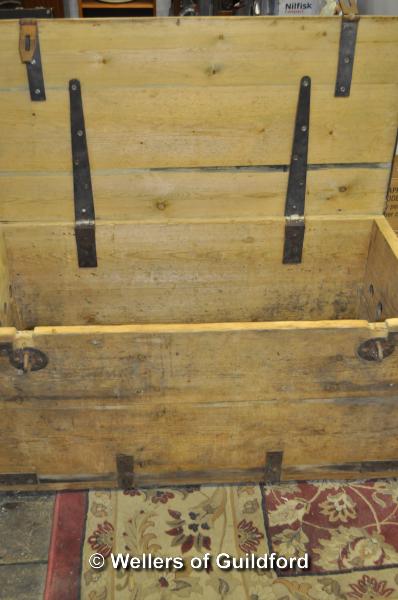 An early 19th pine trunk with metal bindings and handles, 52 x 52 x 105cm - Image 2 of 4