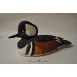 Chris Murray hand carved decoy duck, Hooded Merganser drake, dated 1990, with letter from Chris