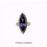 Amethyst and diamond marquise shaped cluster ring, the central marquise cut amethyst surrounded by