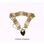 9ct yellow gold gate bracelet, with heart clasp and safety chain, weight 16.6 grams
