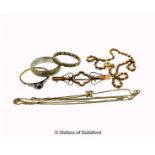 Selection of mostly 9ct jewellery, including a rope bracelet, and a brooch, gross weight 13.2 grams,