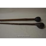 Two vintage wooden clubs/mace; one with knarled head and shaft