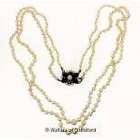 Two row graduated pearl necklace, yellow metal clasp stamped 9ct, set with amethysts and pearls,