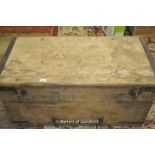 An early 19th pine trunk with metal bindings and handles, 52 x 52 x 105cm