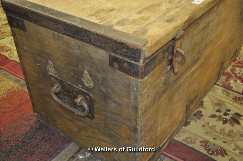 An early 19th pine trunk with metal bindings and handles, 52 x 52 x 105cm - Image 4 of 4