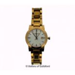 *Ladies' Burberry gold tone wristwatch, circular champagne coloured dial, with baton hour markers