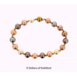 *Freshwater pearl bracelet, 8.5mm multi-coloured pearls, with 18ct yellow gold clasp and bead